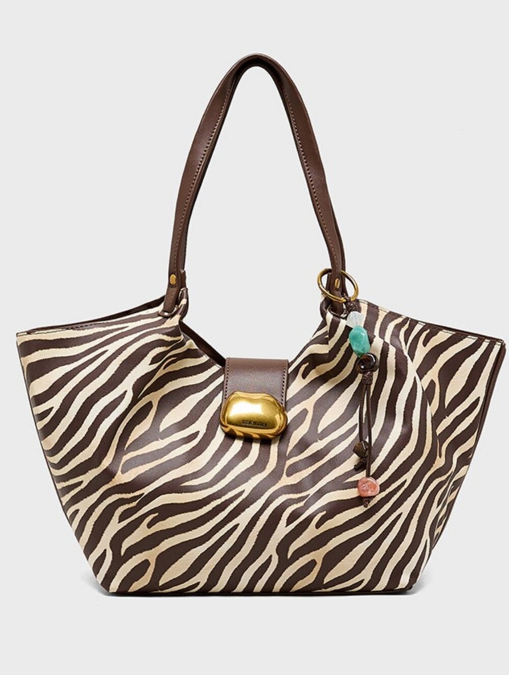 Steve Madden Brown and Cream Zebra-Print Tote with Gold Hardware